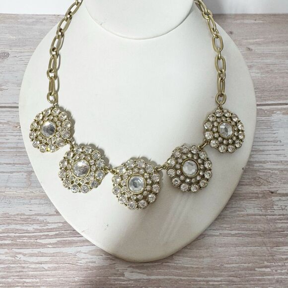 J Crew Sparkling Clear Crystal Necklace Gold Tone Round Clusters Chunky Chain - Picture 2 of 10